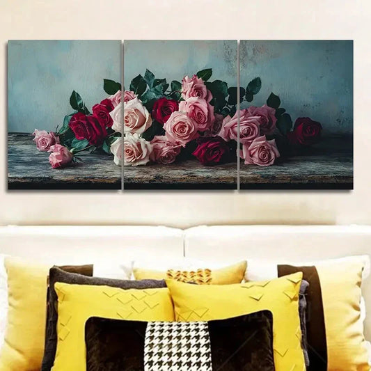 3pcs Oil painting pink and white rose Metal Print Ready to Hang Art