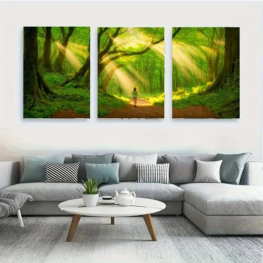 3pcs A Person Walking on a Path Forest Metal Print Ready to Hang Art