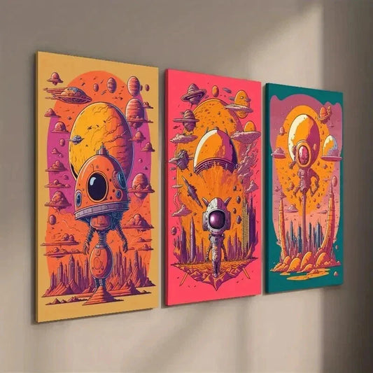 3pcs Vibrant Alien Spaceships & Space-Themed Wall Art Set Canvas Framed 40x60cm - High Quality Print 100% Australian Made Wall Canvas Ready to Hang