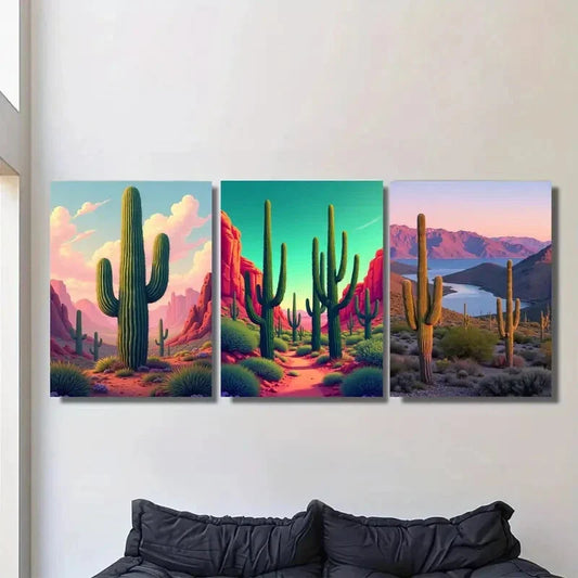 3pcs Desert Cactus Triptych Vibrant Modern Metal Print Ready to Hang Art