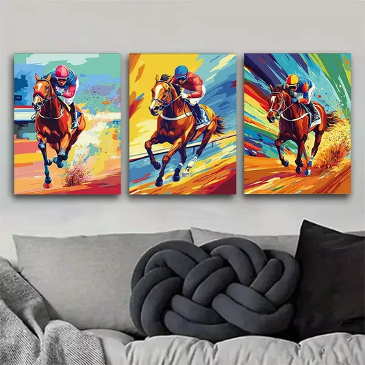 3pcs colorful pop art style Horse Racing Wall Art Set Canvas Framed 40x60cm - High Quality Print 100% Australian Made Wall Canvas Ready to Hang