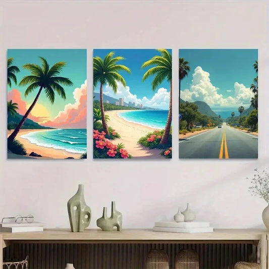 3pcs Tropical Beach Sunset Vibrant Coastal Wall Art Set Canvas Framed 40x60cm - High Quality Print 100% Australian Made Wall Canvas Ready to Hang