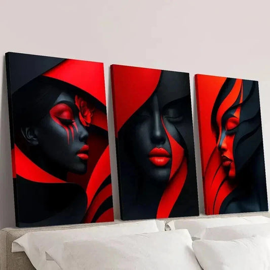 3pcs Geometric Black and Red Abstract Women Wall Art Set Canvas Framed 40x60cm - High Quality Print 100% Australian Made Wall Canvas Ready to Hang