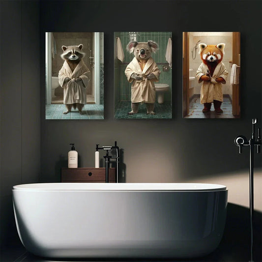 3pcs Animals Wearing Bathrobes Metal Print Ready to Hang Art
