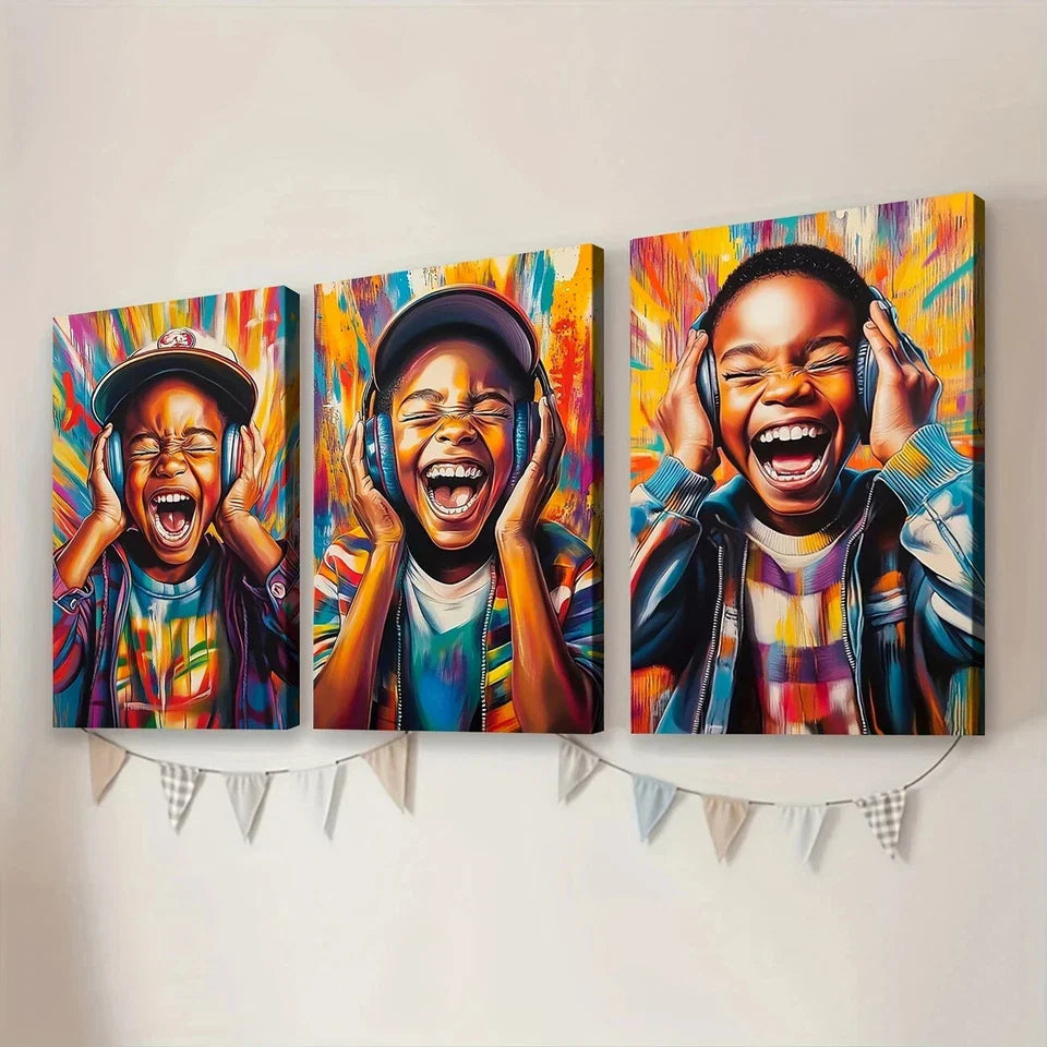 3pcs Elegant African American Boy Colorful Wall Art Set Canvas Framed 40x60cm - High Quality Print 100% Australian Made Wall Canvas Ready to Hang