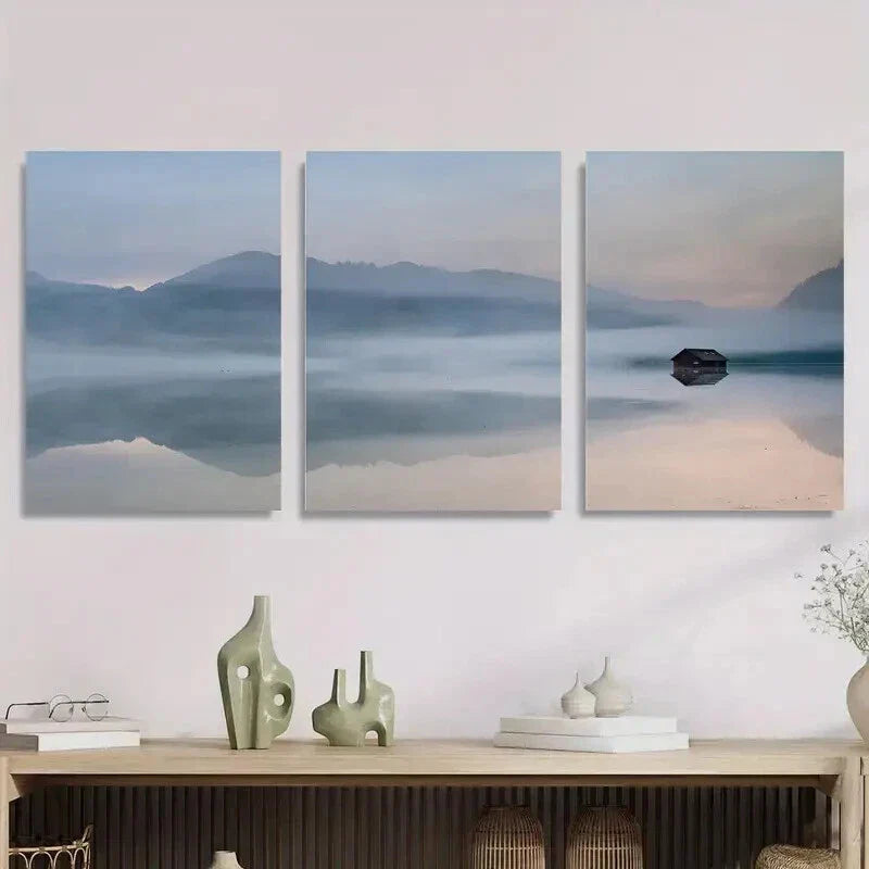 3pcs Misty Mountain Lake Serene Nature Landscape Metal Print Ready to Hang Art