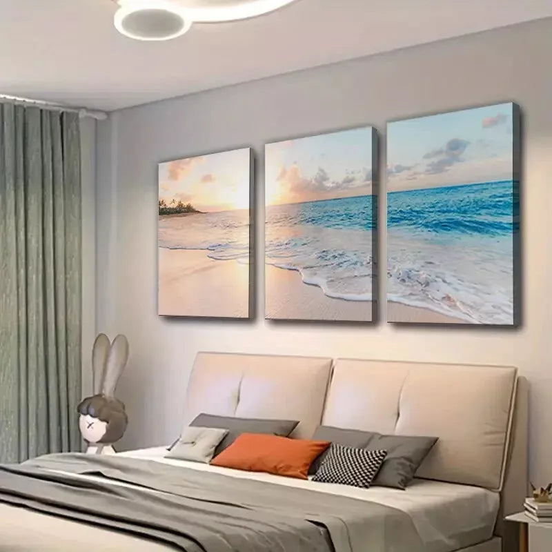 3pcs Elegant Nordic Sea & Waves at Sunrise Wall Art Set Canvas Framed 40x60cm - High Quality Print 100% Australian Made Wall Canvas Ready to Hang
