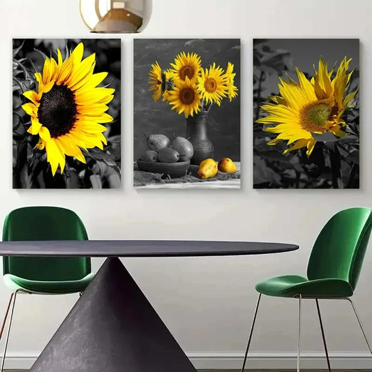 3pcs Triple Sunflower Black And White Metal Print Ready to Hang Art