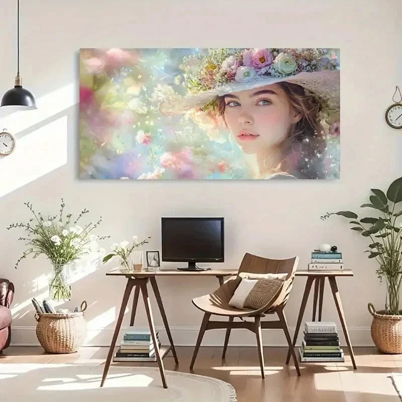 Dreamy Pastel Woman Floral Wall Art Canvas Office Home Room Framed 120x60cm