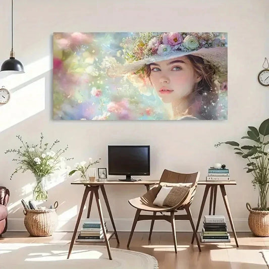 Dreamy Pastel Woman Floral Wall Art Canvas Office Home Room Framed 120x60cm