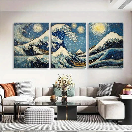 3pcs Van Gogh Inspired Mountain and Wave Perfect Wall Art Set Canvas Framed 40x60cm - High Quality Print 100% Australian Made Wall Canvas Ready to Hang