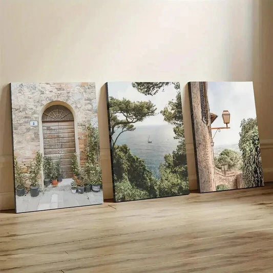 3pcs Mediterranean Landscape with Stone Door Wall Art Set Canvas Framed 40x60cm - High Quality Print 100% Australian Made Wall Canvas Ready to Hang