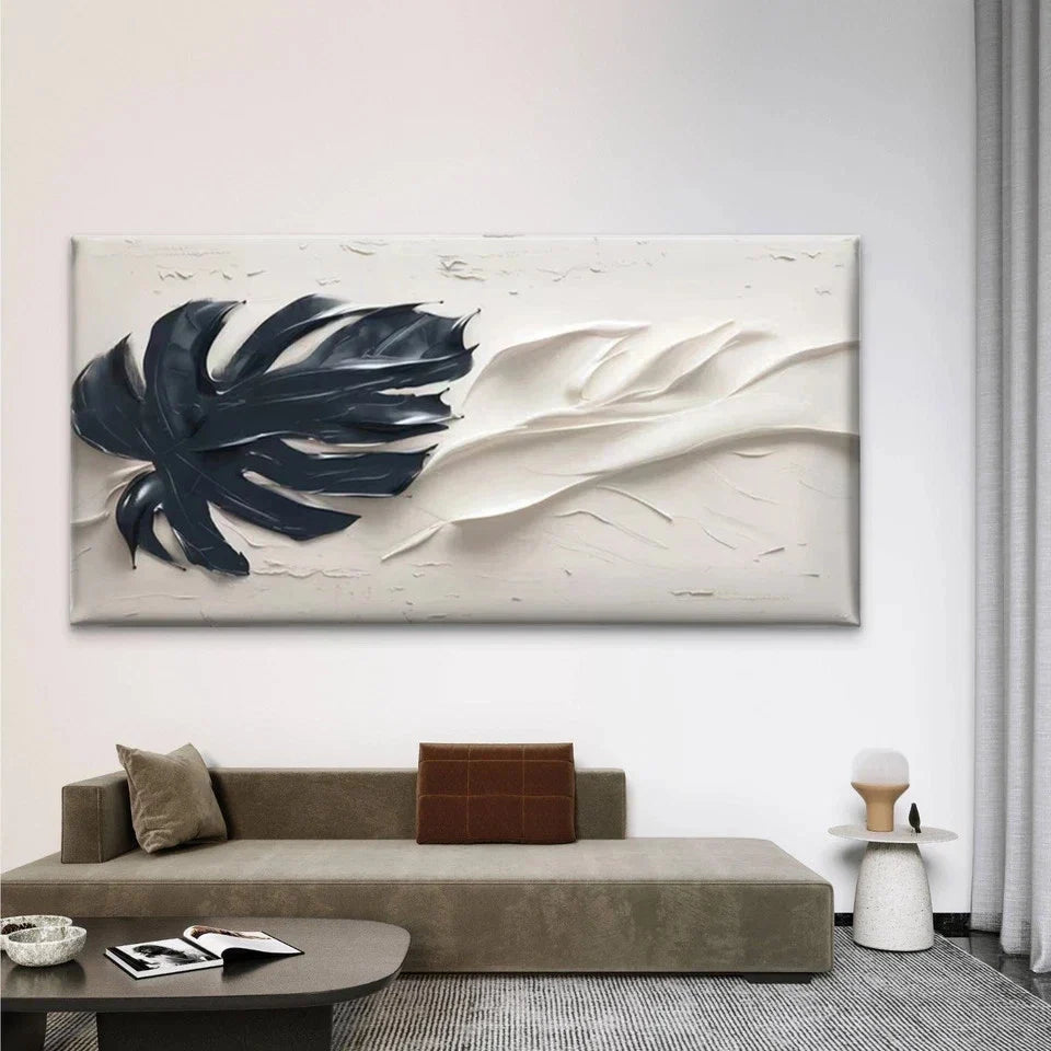 Black & White Tropical Leaf Wall Art Canvas Office Home Room Framed 80x45cm