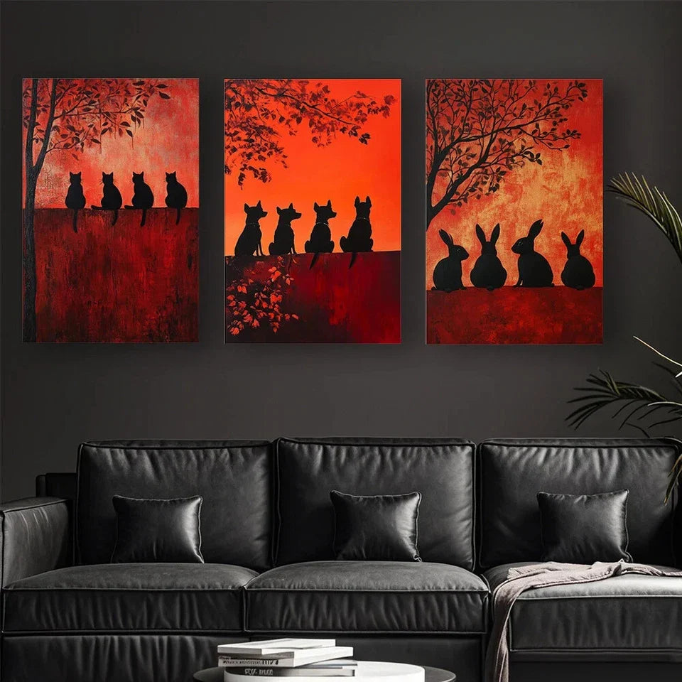 3pcs Abstract Small Animals Red Themed Luxurious Metal Print Ready to Hang Art