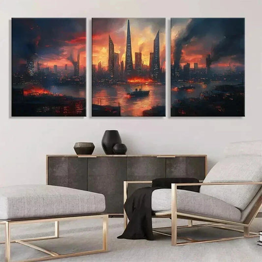 3pcs Skyscrapers and Burning Waters Prefect Wall Art Set Canvas Framed 40x60cm - High Quality Print 100% Australian Made Wall Canvas Ready to Hang