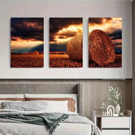 3pcs Sunset Hay Bales Golden Field Landscape Wall Art Set Canvas Framed 40x60cm - High Quality Print 100% Australian Made Wall Canvas Ready to Hang