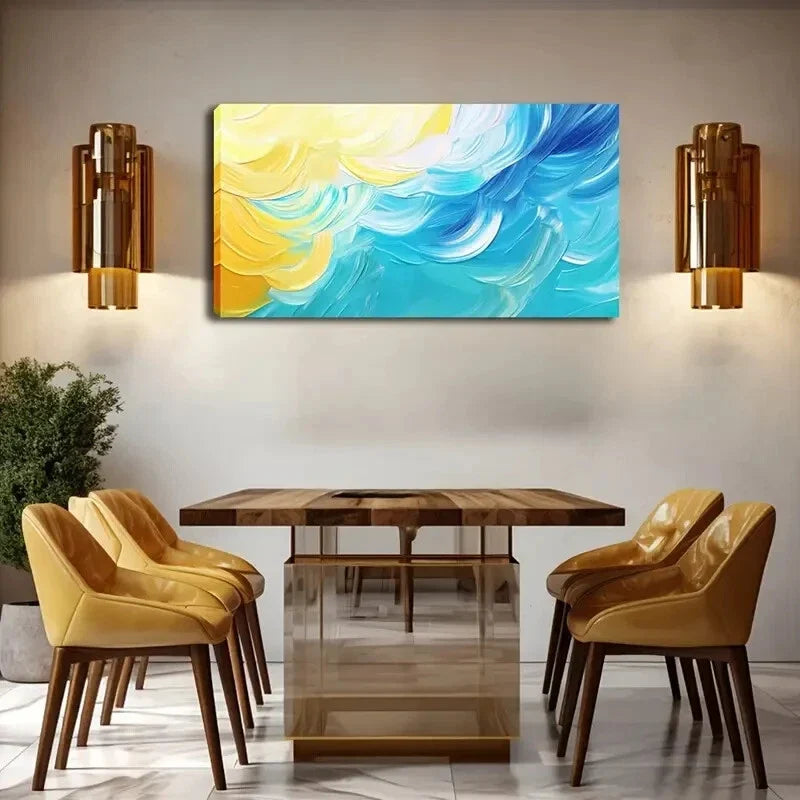 Vibrant Blue & Yellow Swirls Wall Art Canvas Office Home Room Framed 80x45cm