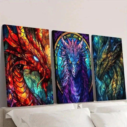3pcs Stained Glass Fantasy Dragon Design Wall Art Set Canvas Framed 40x60cm - High Quality Print 100% Australian Made Wall Canvas Ready to Hang