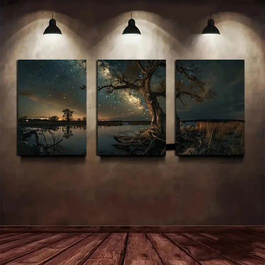3pcs Starry Sky Black Big Tree Metal Print Ready to Hang Art