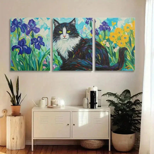 3pcs Van Gogh Inspired Black and White Cat Metal Print Ready to Hang Art