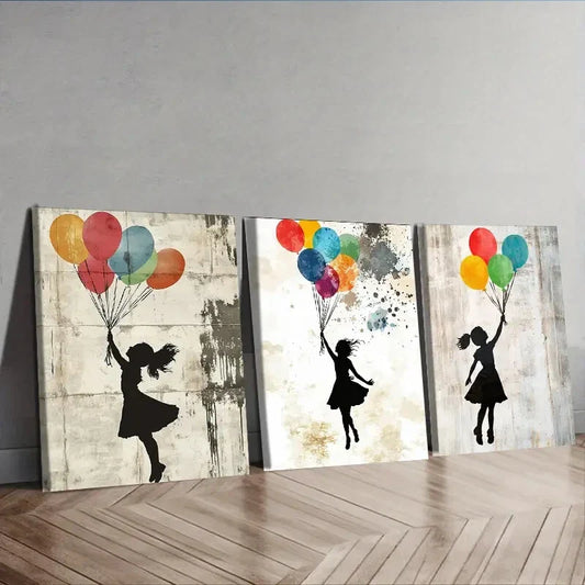 3pcs Featuring a Girl with Balloons Decorating Wall Art Set Canvas Framed 40x60cm - High Quality Print 100% Australian Made Wall Canvas Ready to Hang