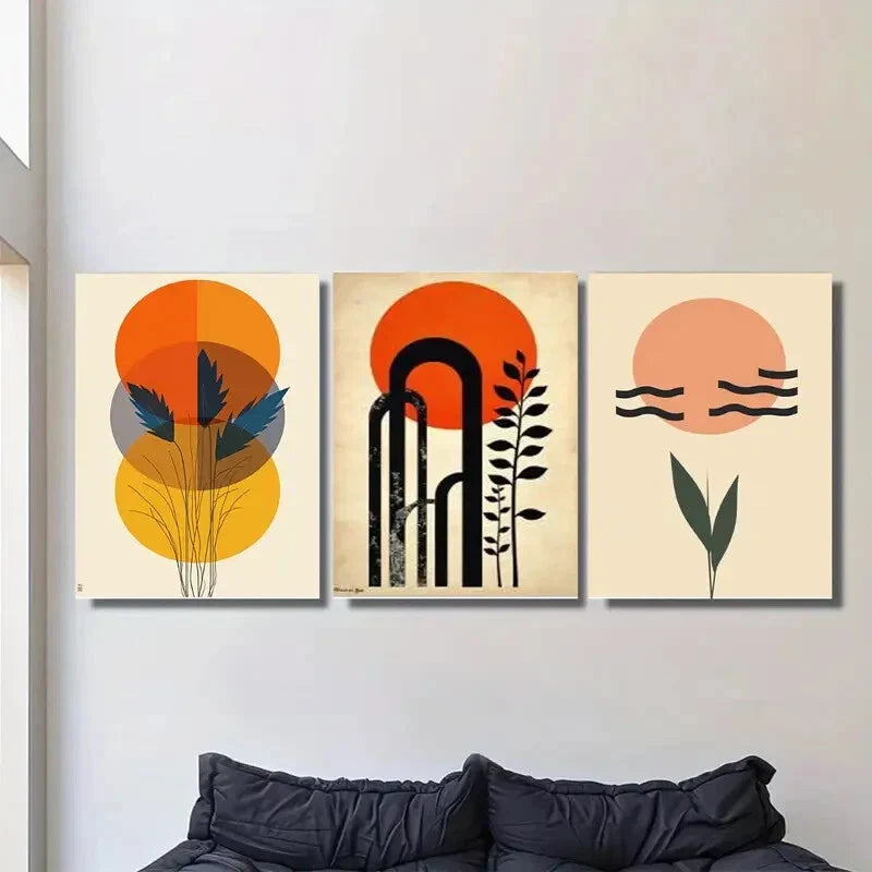 3pcs Modern Abstract Vibrant Orange and Black Metal Print Ready to Hang Art