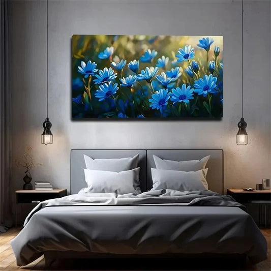 Chic Blue Floral Watercolor Wall Art Canvas Office Home Room Framed 80x45cm