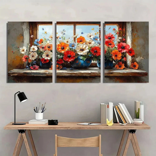 3pcs Vibrant Floral Window Sill Metal Print Ready to Hang Art