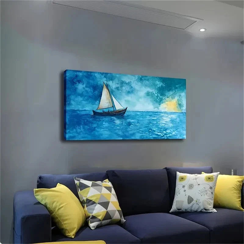 Boat On The Blue Sea Wall Art canvas office home room framed 120x60cm