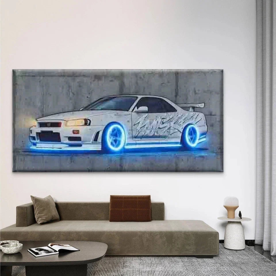 Sports Car Blue Neon Wall Art Canvas Office Home Room Framed 80x45cm