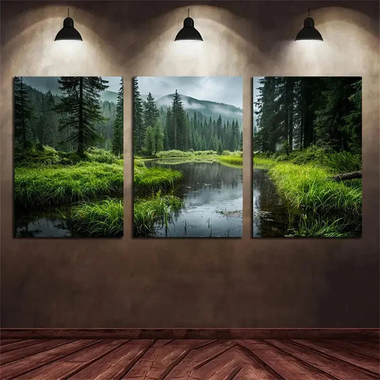 3pcs Forest Pond Scenery Palm Trees Metal Print Ready to Hang Art