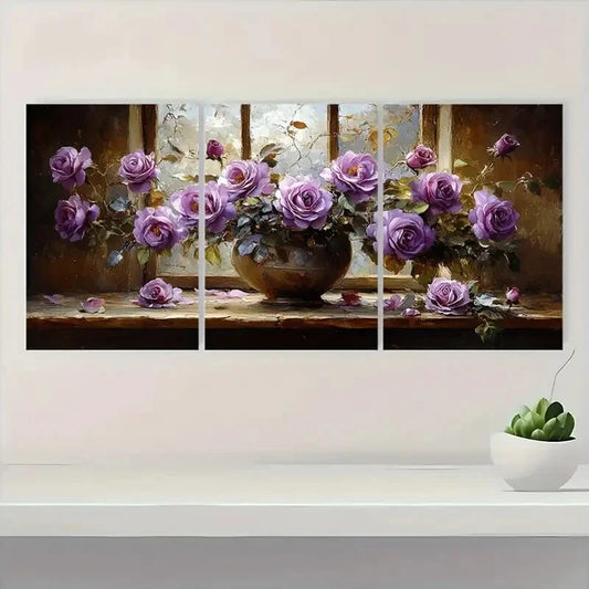 3pcs Elegant Purple Roses Painting Metal Print Ready to Hang Art