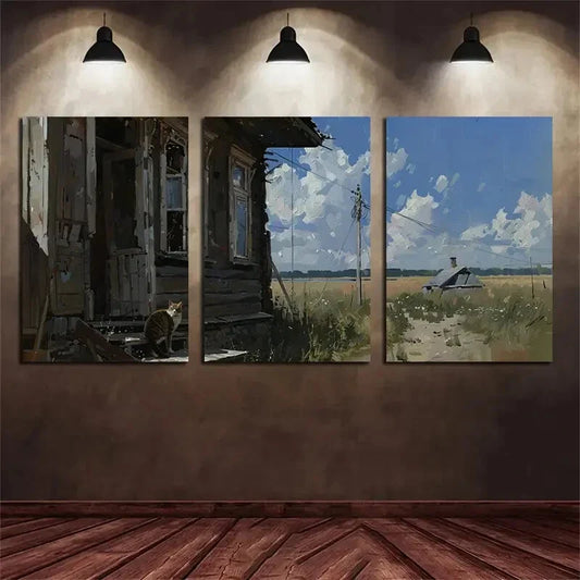 3pcs Rustic Farmhouse Cat by Window Blue Sky Metal Print Ready to Hang Art