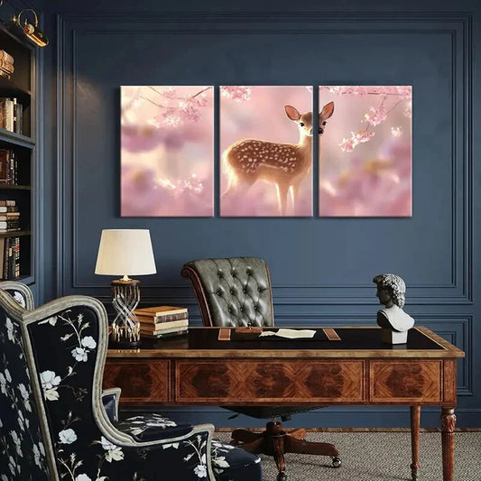 3pcs Enchanted Forest Deer Spring Blossom Nature Metal Print Ready to Hang Art