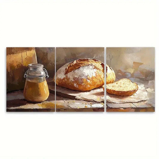 3pcs Sourdough Bread & Honey Jar Scene Metal Print Ready to Hang Art