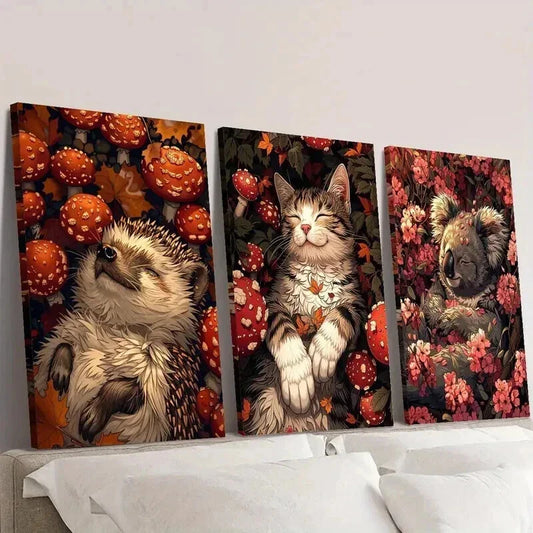 3pcs Hedgehog Cat Koala in Mushroom & Flowers Wall Art Set Canvas Framed 40x60cm - High Quality Print 100% Australian Made Wall Canvas Ready to Hang