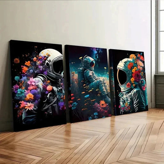 3pcs Vintage Floral Astronaut Colourful Space Wall Art Set Canvas Framed 40x60cm - High Quality Print 100% Australian Made Wall Canvas Ready to Hang
