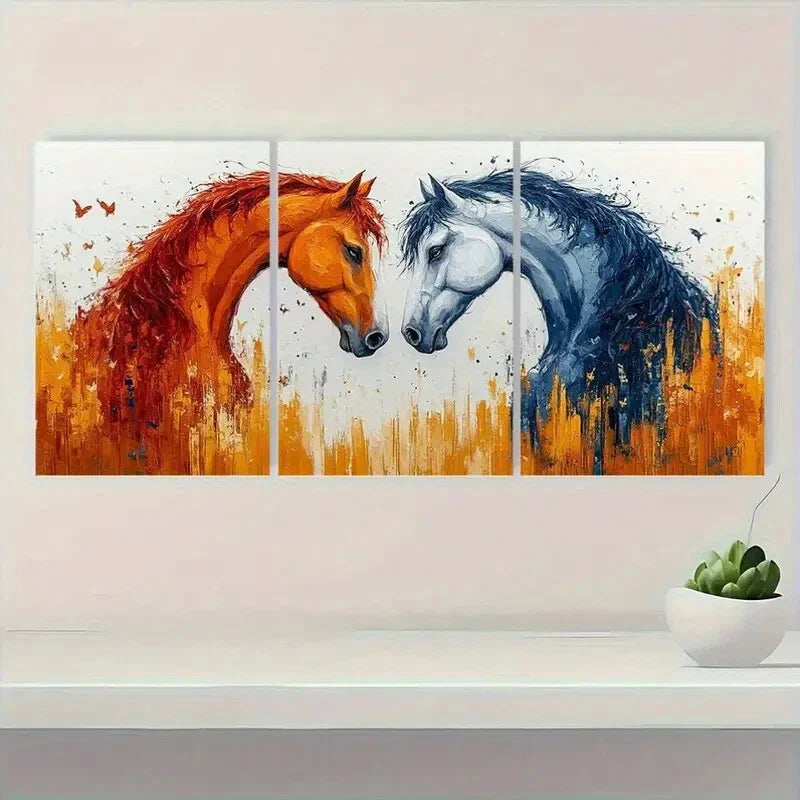 3pcs Vibrant Orange White & Blue Horse Heads Metal Print Ready to Hang Art
