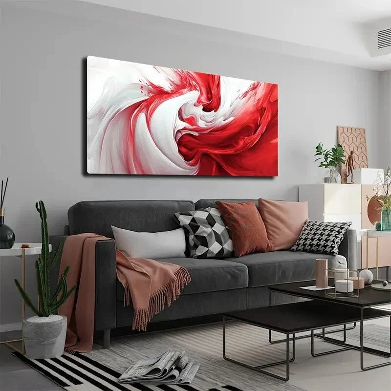 Vibrant Red White Swirl Design Wall Art Canvas Office Home Room Framed 120x60cm