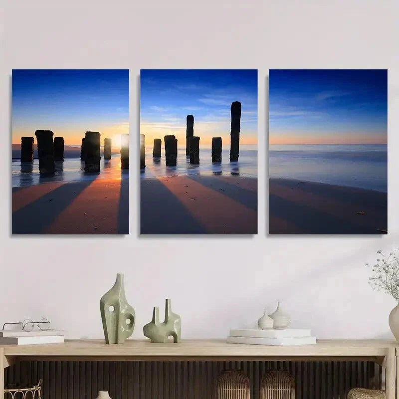 3pcs Sunset Beach Pillars Vibrant Blue & Orange Metal Print Ready to Hang Art