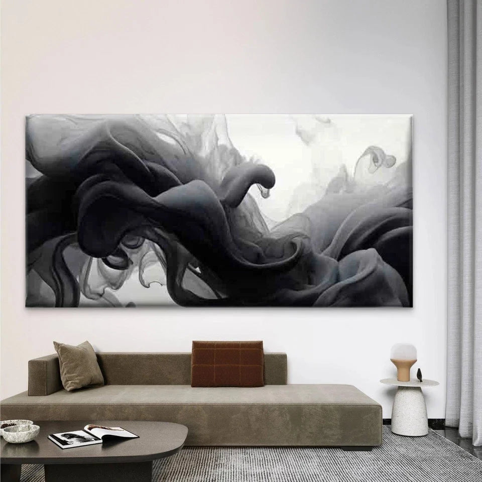 Abstract Black Ink Smoke Flow Wall Art Canvas Office Home Room Framed 80x45cm