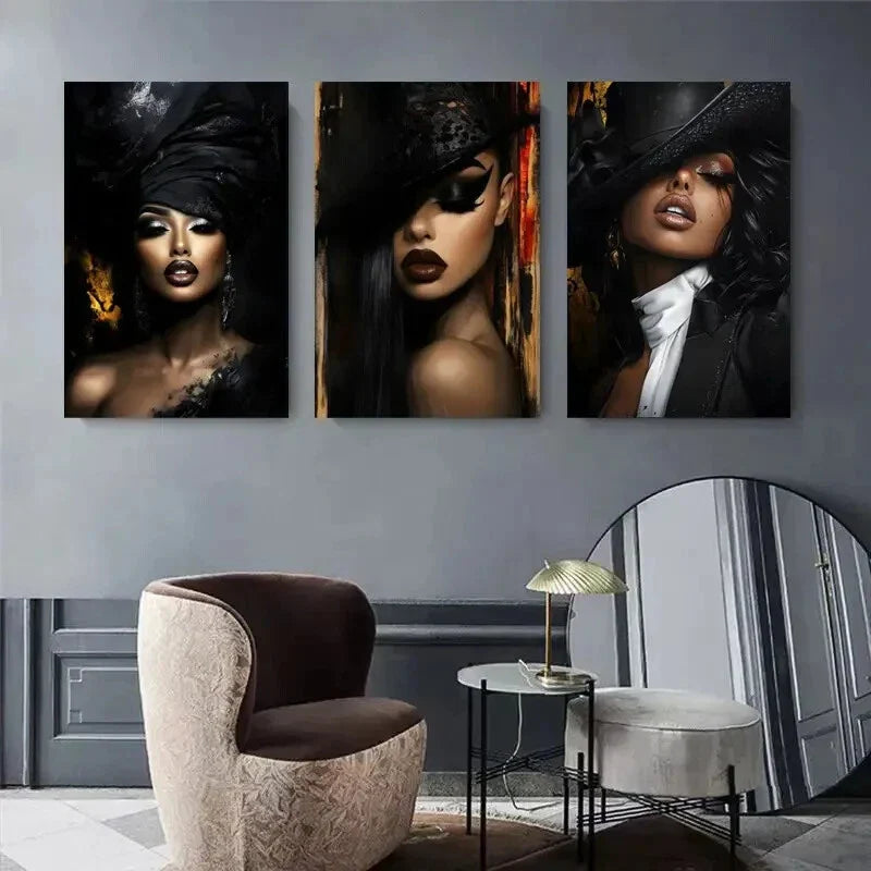 3pcs Black Hat Female Portrait Triptych Metal Print Ready to Hang Art