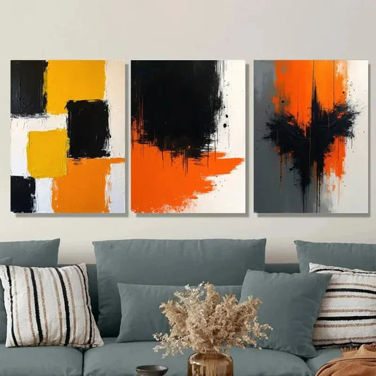 3pcs Black, Orange & Yellow Geometric Patterns Metal Print Ready to Hang Art
