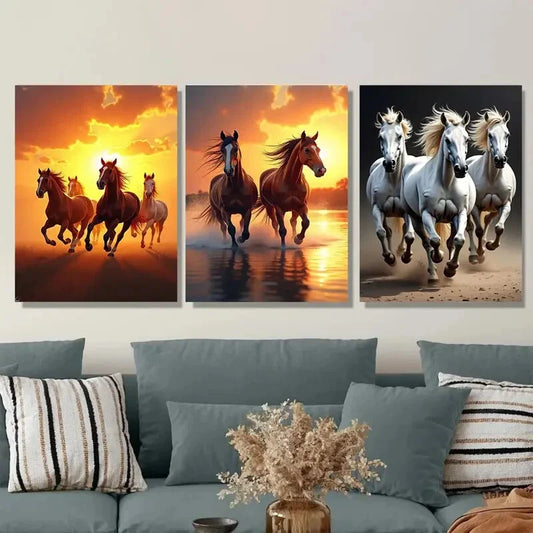 3pcs Galloping Horses Sunset and Beach Metal Print Ready to Hang Art