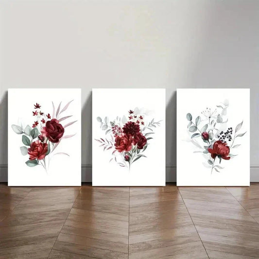 3pcs Vibrant Red Rose Flower & Green Leaves Wall Art Set Canvas Framed 40x60cm - High Quality Print 100% Australian Made Wall Canvas Ready to Hang