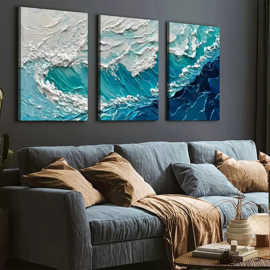 3pcs Modern Elegant Stylish Abstract Ocean Wave Wall Art Set Canvas Framed 40x60cm - High Quality Print 100% Australian Made Wall Canvas Ready to Hang