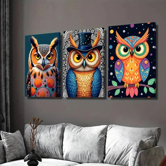3pcs Colorful Owl Vibrant Modern Dark Blue Wall Art Set Canvas Framed 40x60cm - High Quality Print 100% Australian Made Wall Canvas Ready to Hang
