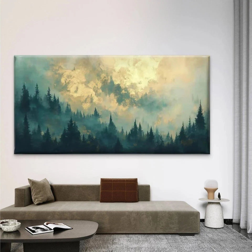 Misty Pine Forest Wall Art Canvas Office Home Room Framed 80x45cm