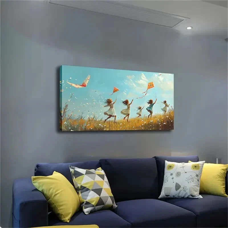 Turquoise & Orange Kite Décor Wall Art Canvas Office Home Room Framed 120x60cm