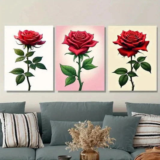 3pcs Elegant Red Rose Triptych Classic & Glam Metal Print Ready to Hang Art